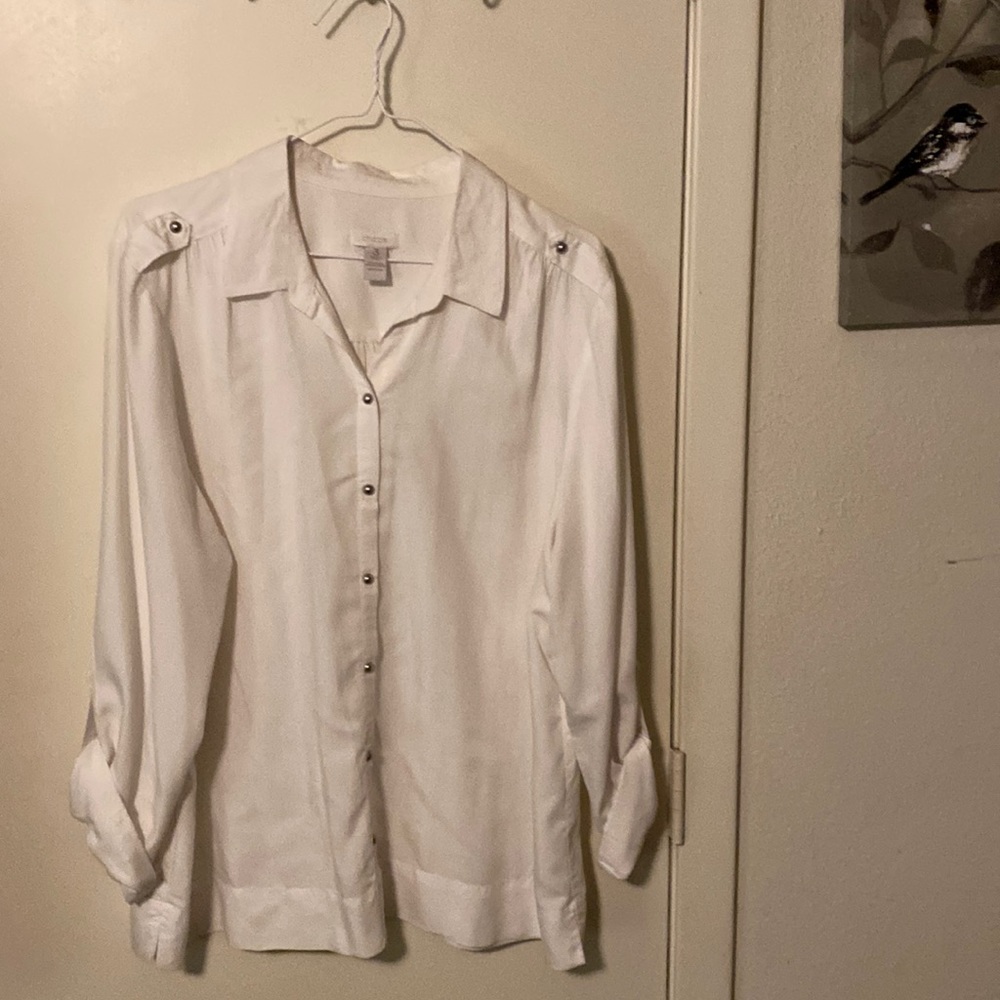 Chicos long sleeve , banded bottom white blouse.